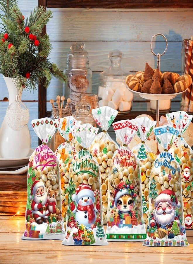 EUVBOKW 100 PCS Christmas Cellophane Treat Bags with Gold Twist Ties – Holiday Candy Goody Bags with 8 Festive Designs 11 x 5 Inch Gifts Bag for Party Supplies (Christmas) - Image 4